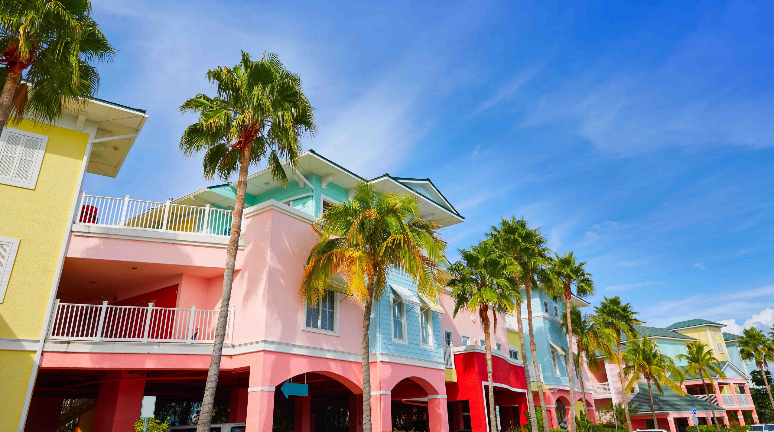 Florida Fort Myers colorful facades and palm trees in USA